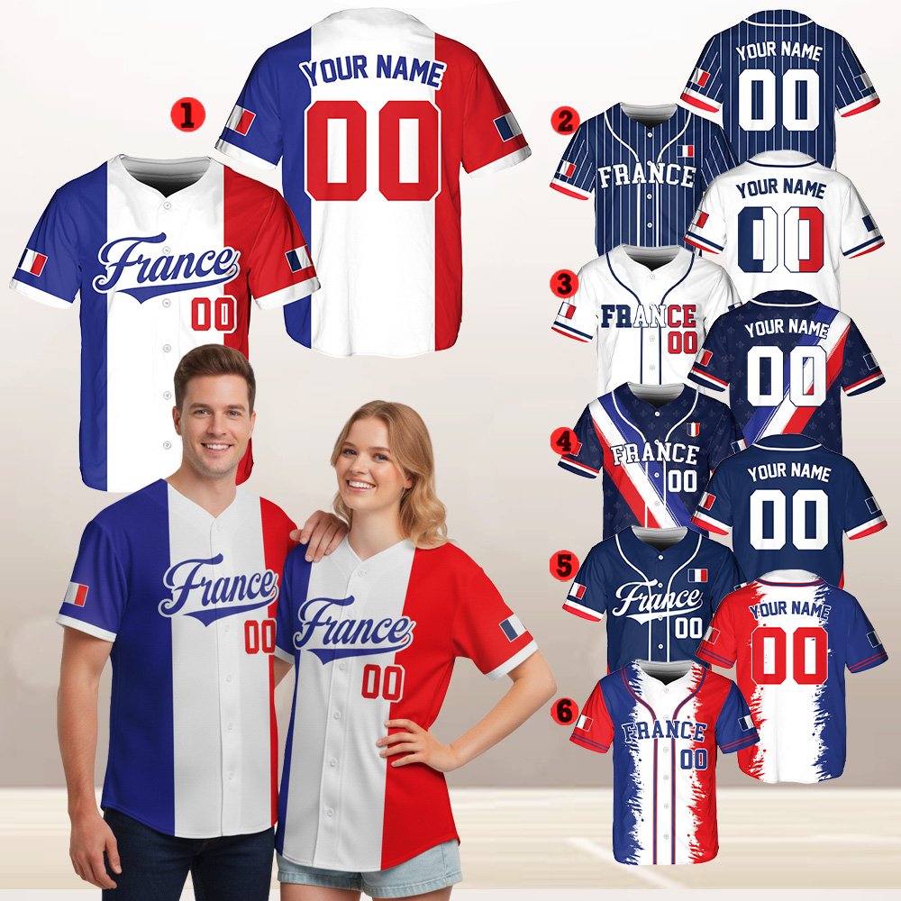 Alternative view of the custom multicolor France baseball jersey