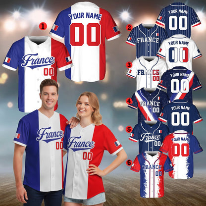 Detailed view of the multicolor France baseball jersey design