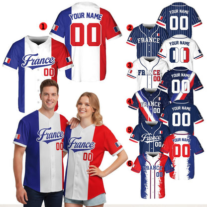 Other angle view of the personalized multicolor France baseball jersey