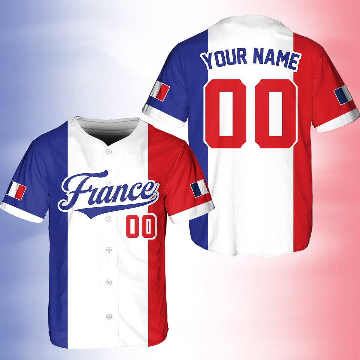Front view of the white France themed baseball jersey variant 3