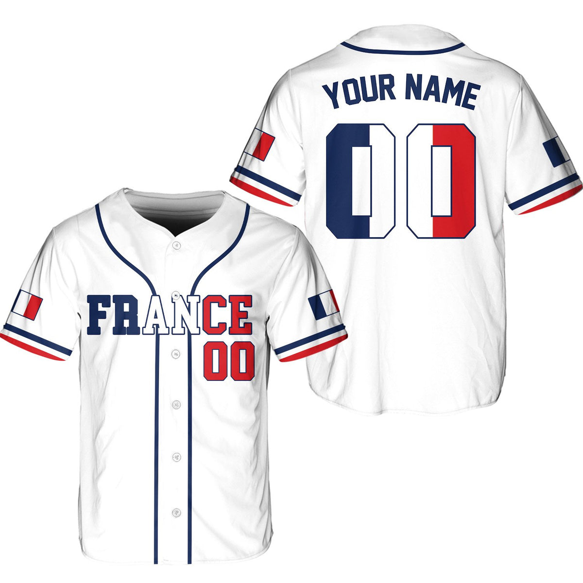 Front view of the white France themed baseball jersey variant 4
