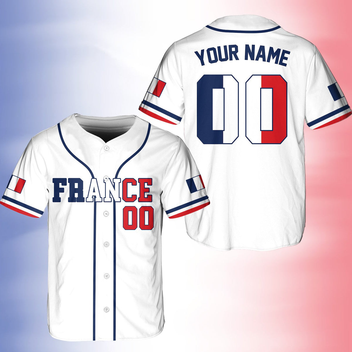 Front view of the white France themed baseball jersey variant 5