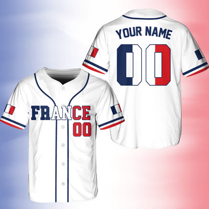 Front view of the white France themed baseball jersey variant 5