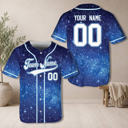 Personalized blue galaxy baseball jersey with custom name and number, main view