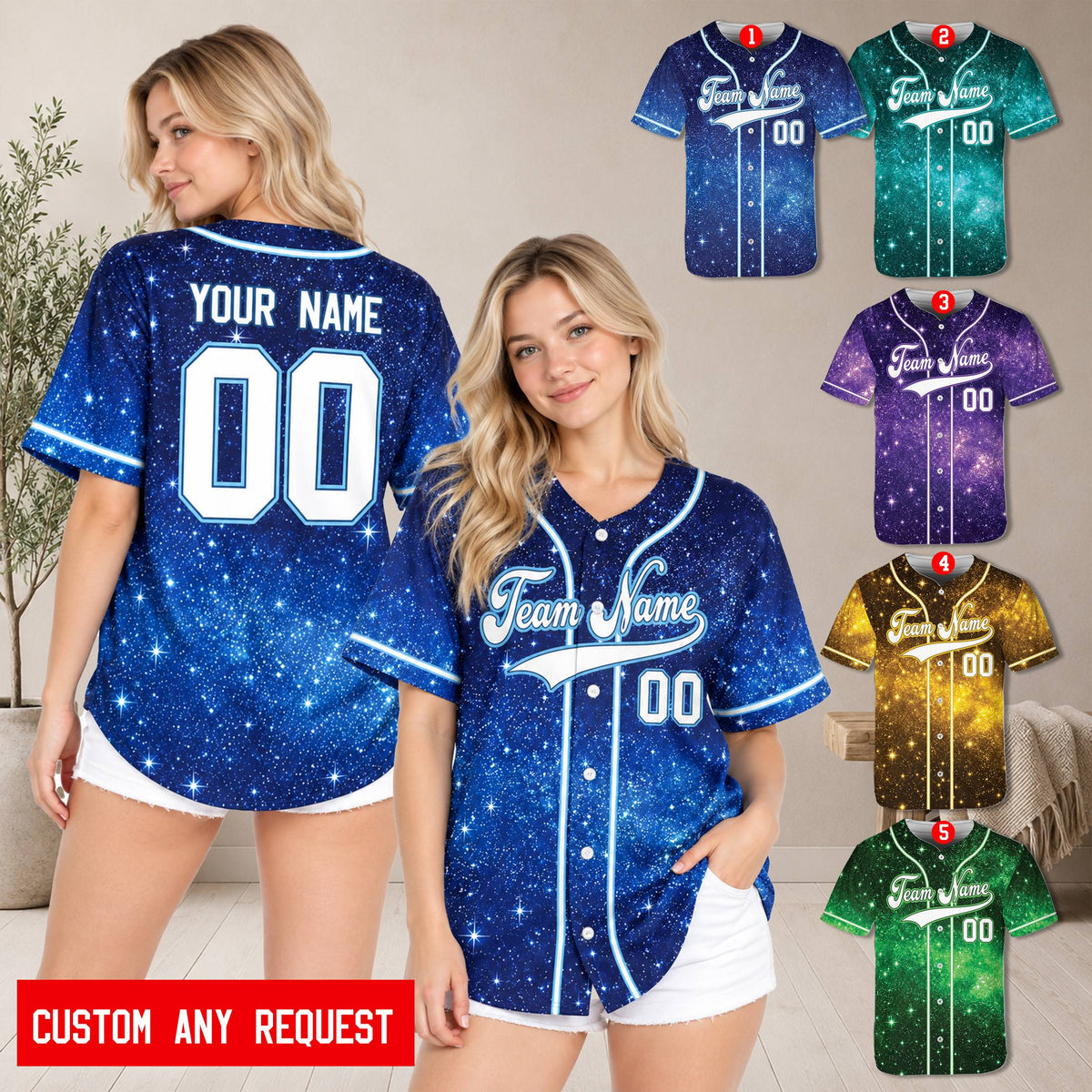 Lifestyle view of a person wearing a personalized blue galaxy baseball jersey