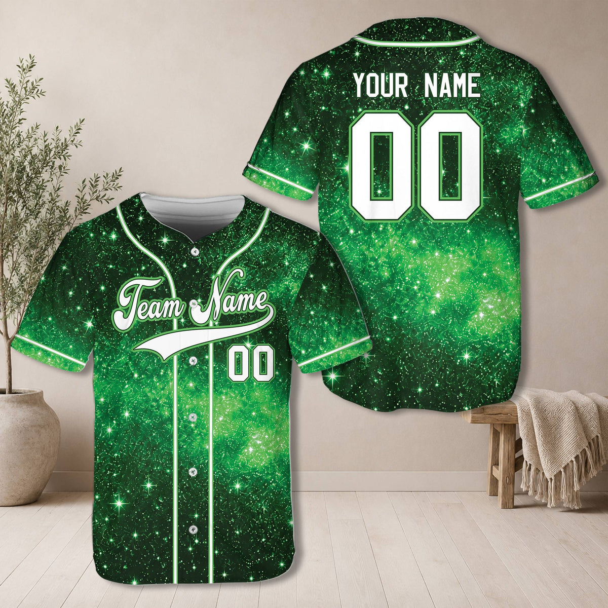 Front view of personalized green galaxy baseball jersey