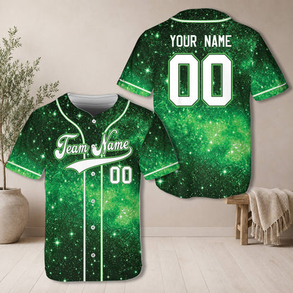 Front view of personalized green galaxy baseball jersey