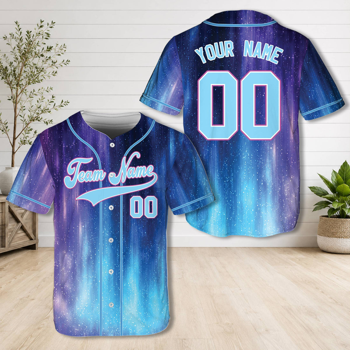 Personalized purple galaxy baseball jersey featuring an all-over starry night print, front view