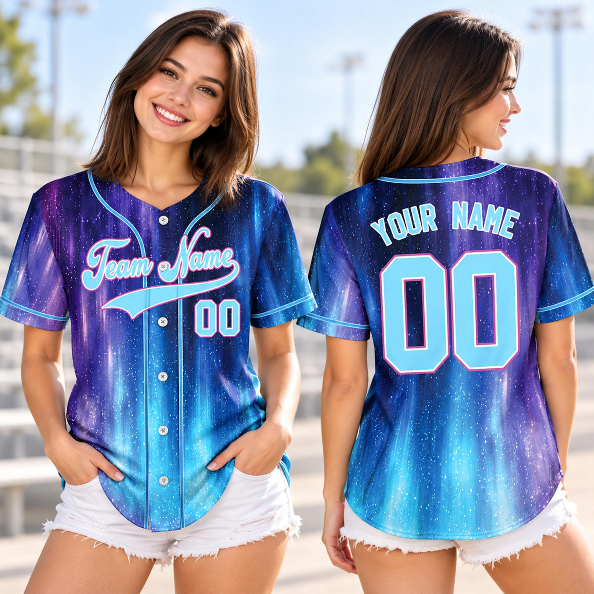 Lifestyle shot of an adult wearing the personalized purple galaxy baseball jersey outdoors