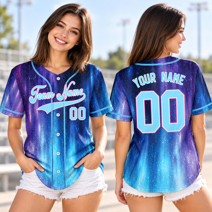 Lifestyle shot of an adult wearing the personalized purple galaxy baseball jersey outdoors