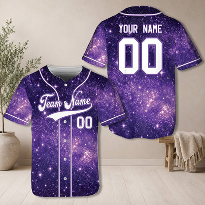 Front view of personalized purple galaxy baseball jersey
