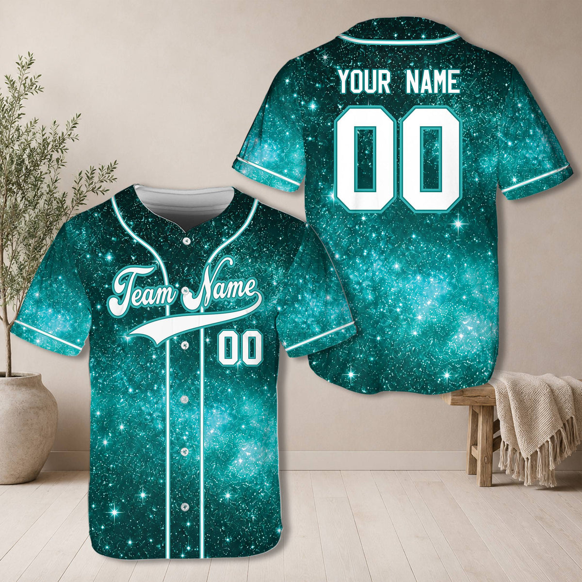 Front view of personalized teal galaxy baseball jersey