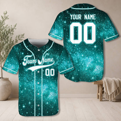 Front view of personalized teal galaxy baseball jersey