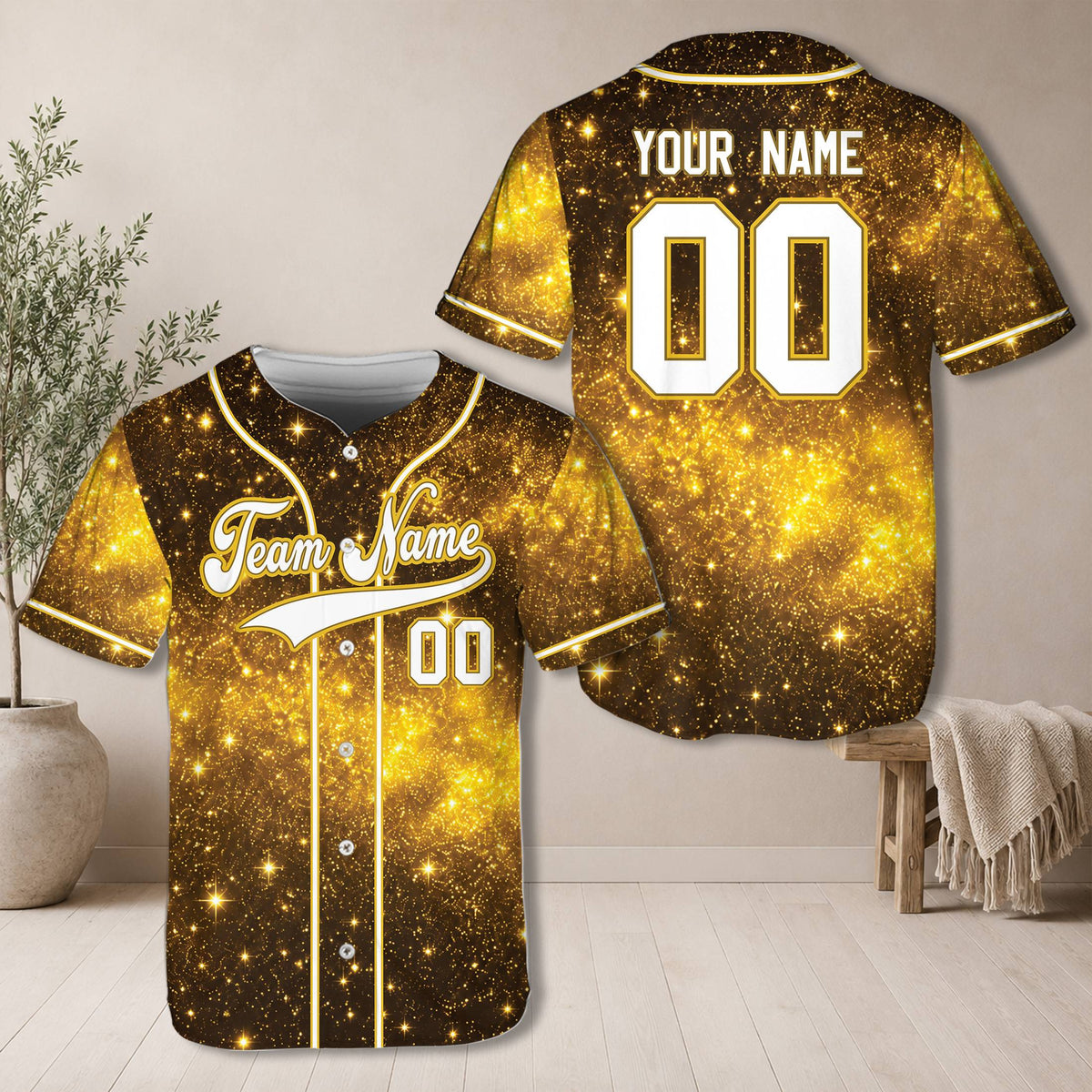 Front view of personalized yellow galaxy baseball jersey