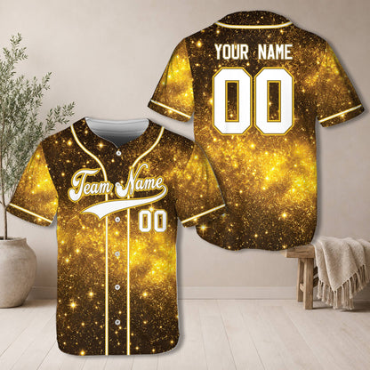 Front view of personalized yellow galaxy baseball jersey