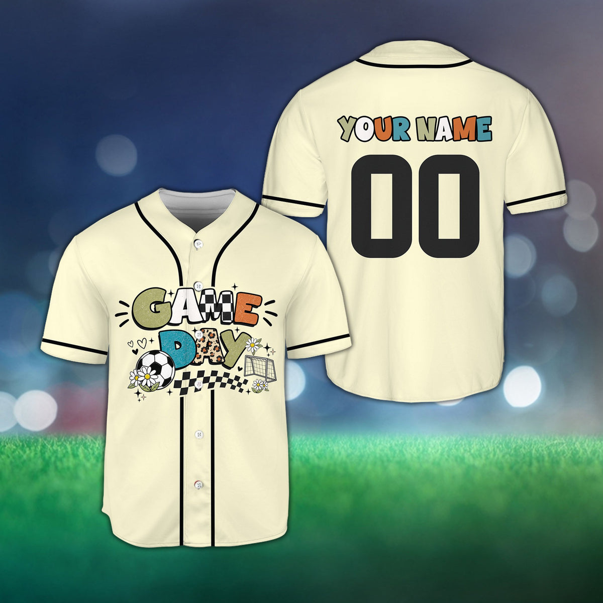 Beige personalized game day soccer baseball jersey, front view