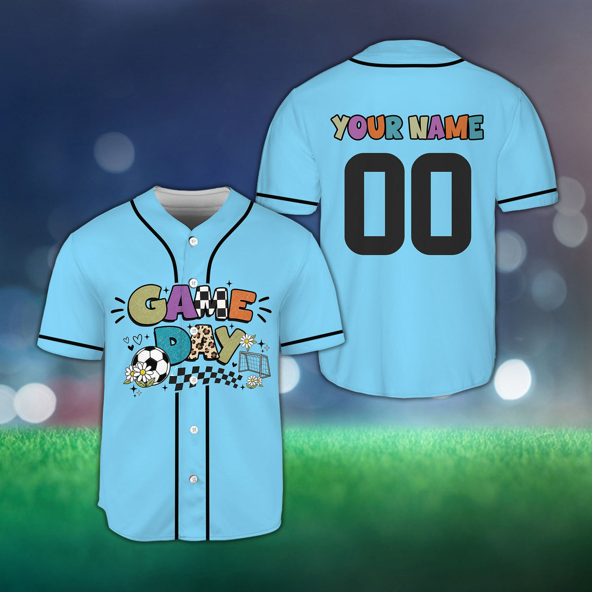 Blue personalized game day soccer baseball jersey, front view
