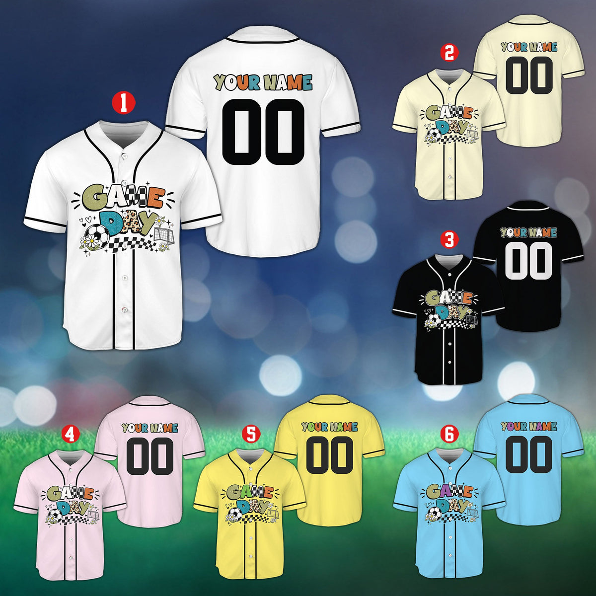 Multicolor personalized game day soccer baseball jersey, front view