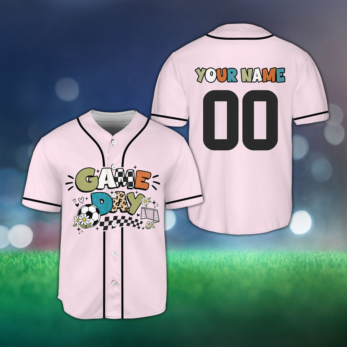Pink personalized game day soccer baseball jersey, front view