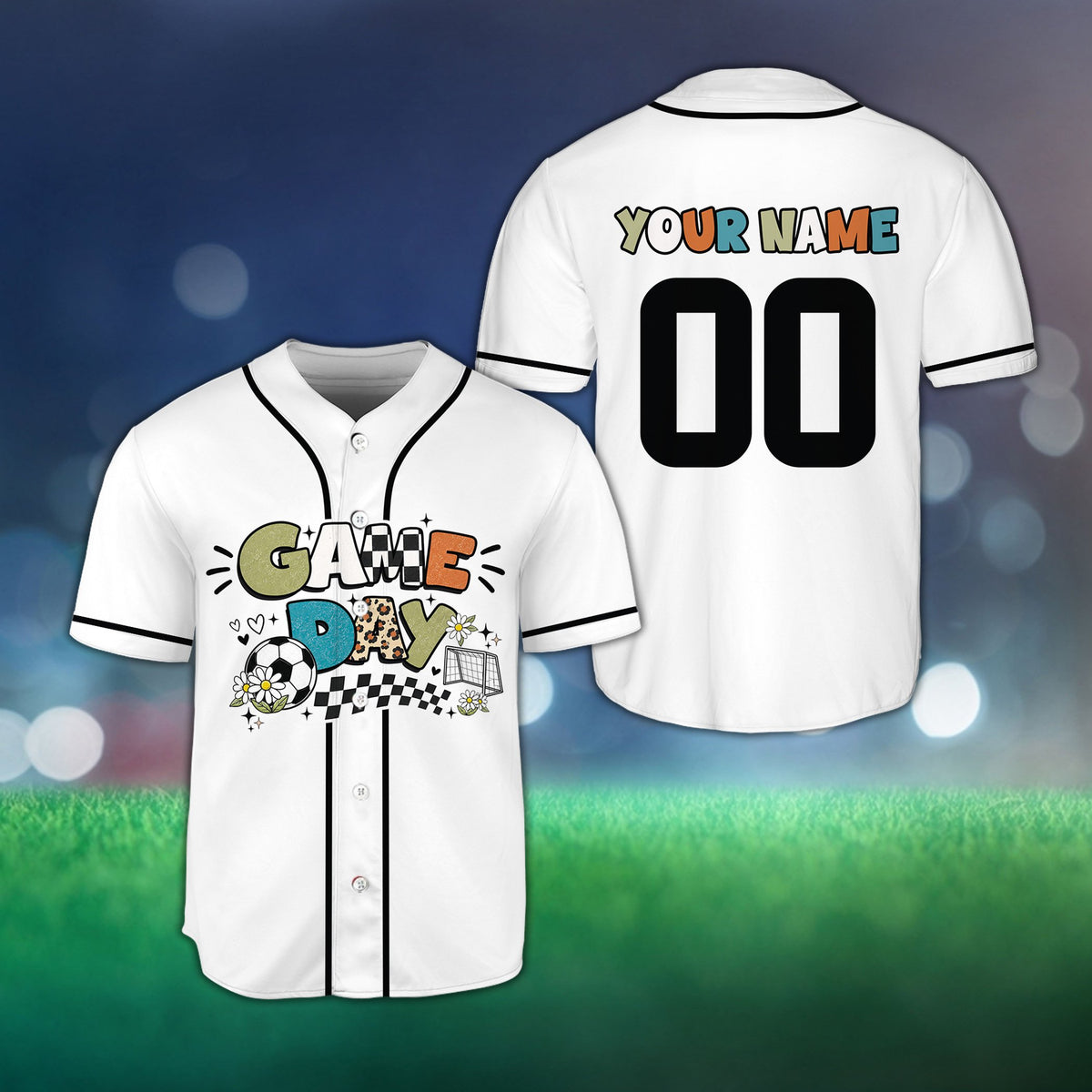 White personalized game day soccer baseball jersey with custom name and number, front view