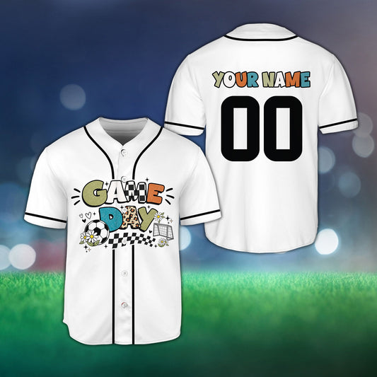 White personalized game day soccer baseball jersey with custom name and number, front view