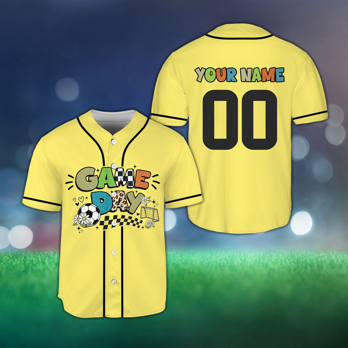 Yellow personalized game day soccer baseball jersey, front view