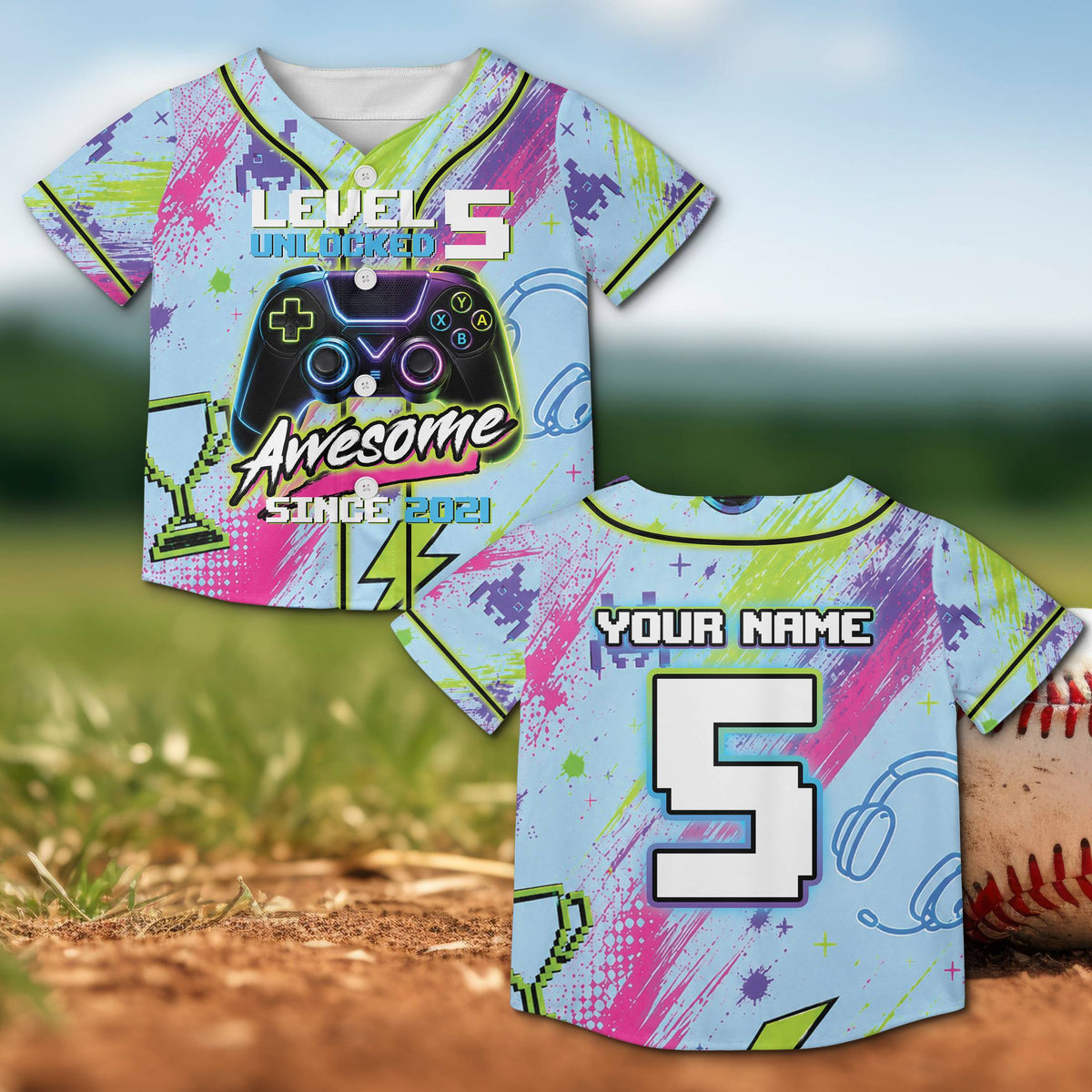 Close-up front view of the gamer baseball jersey showing arcade graphics