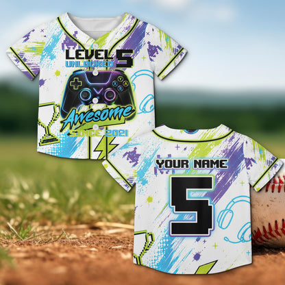 Main view of personalized multicolor gamer baseball jersey with custom name and number