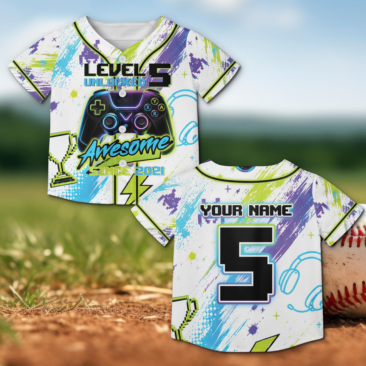 Front view of the vibrant multicolor gamer baseball jersey