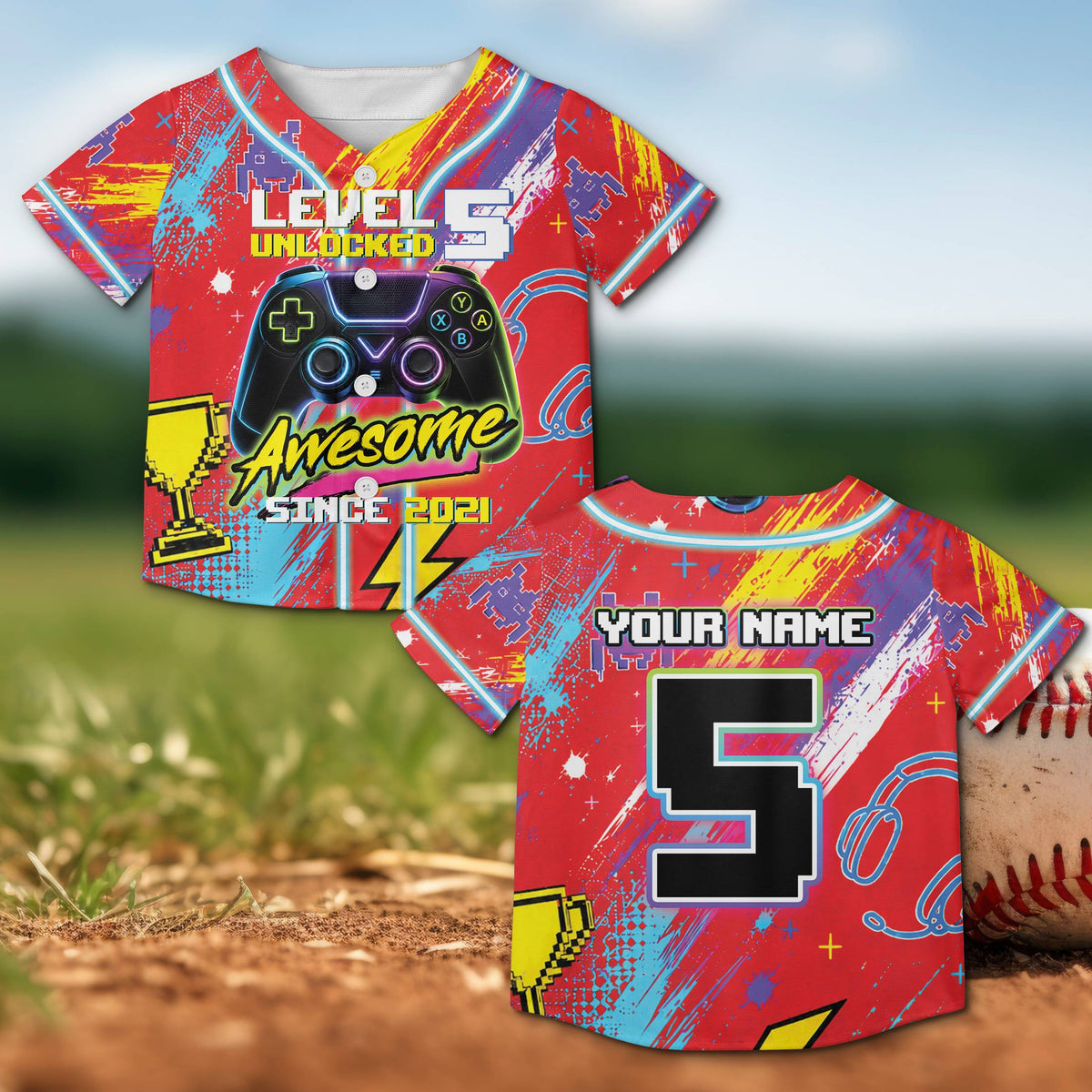 Additional front detail of the abstract gamer baseball jersey