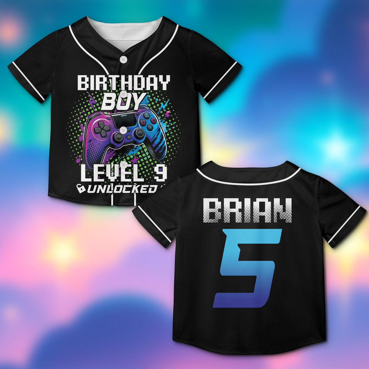 Front view of the black gaming baseball jersey featuring a video game controller and starry background
