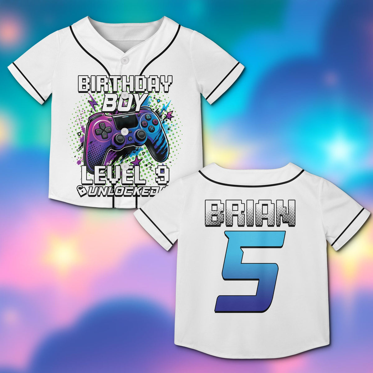 Front view of the white version of the gaming baseball jersey