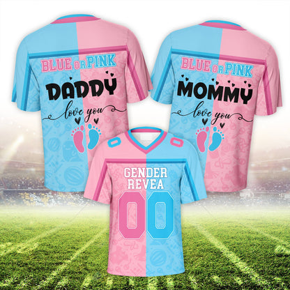 Custom text gender reveal baseball jersey in pink and blue, alternative front view