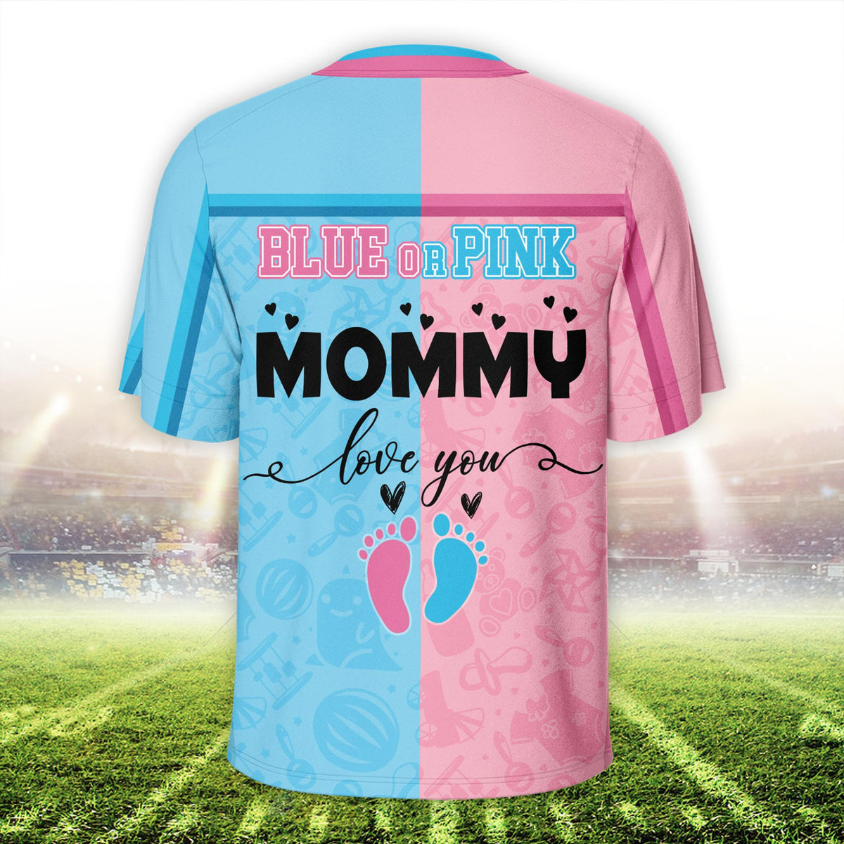 Back view of the personalized gender reveal baseball jersey showing custom text options