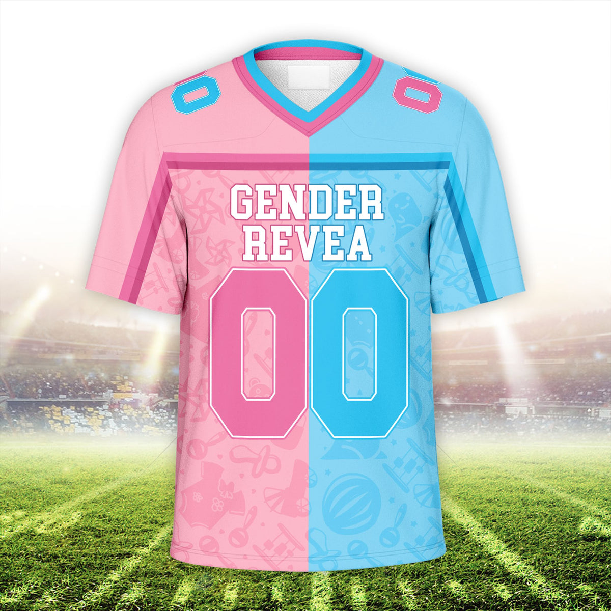 Personalized gender reveal baseball jersey with pink and blue split design, main front view