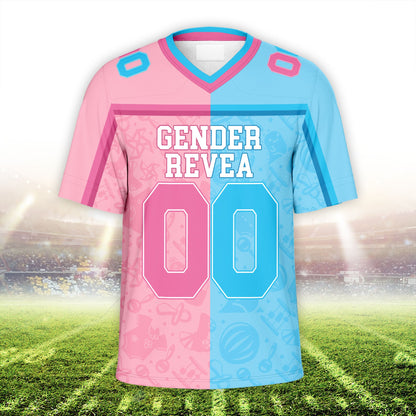 Front detail of the split-color gender reveal baseball jersey customized with text