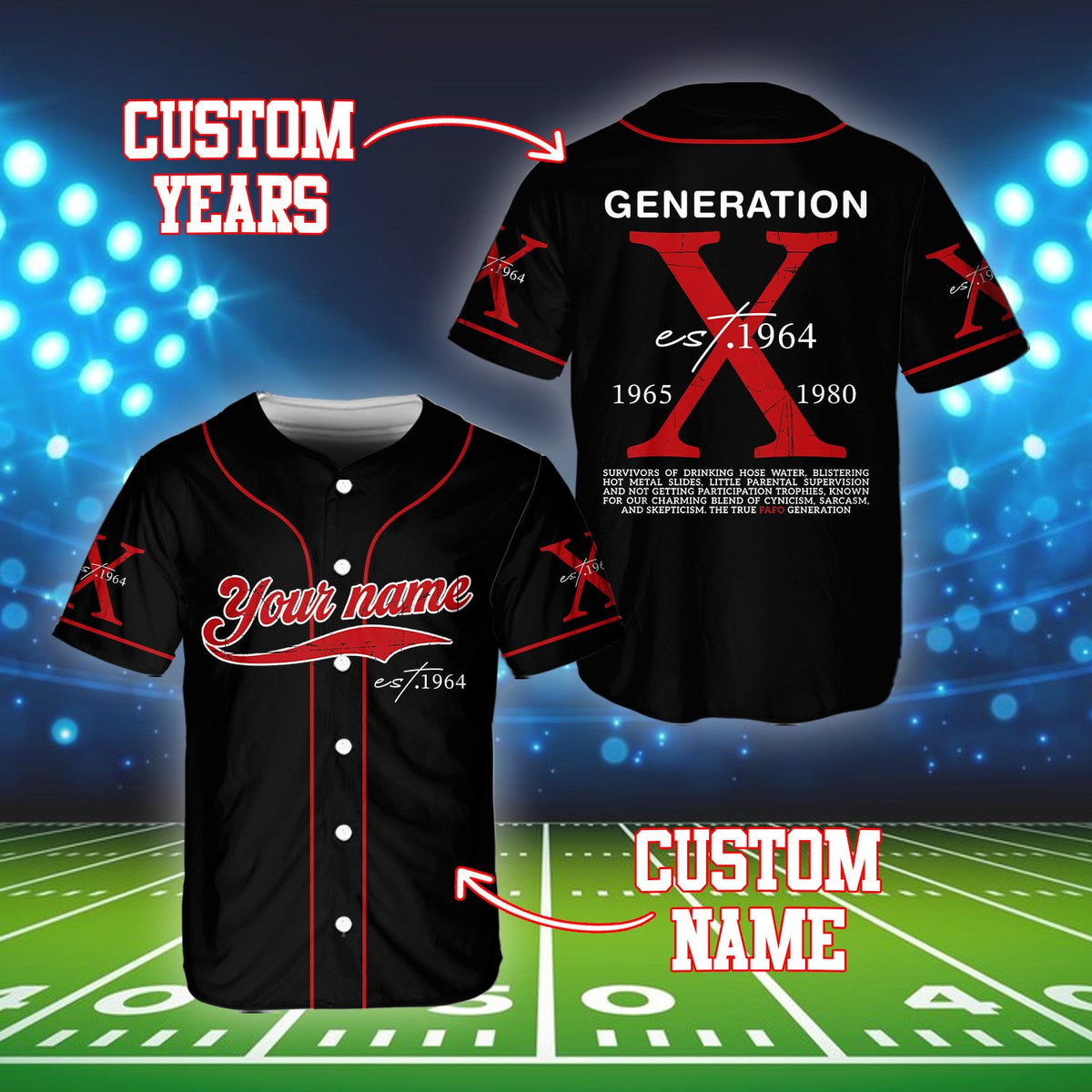 Angled view of black personalized baseball jersey