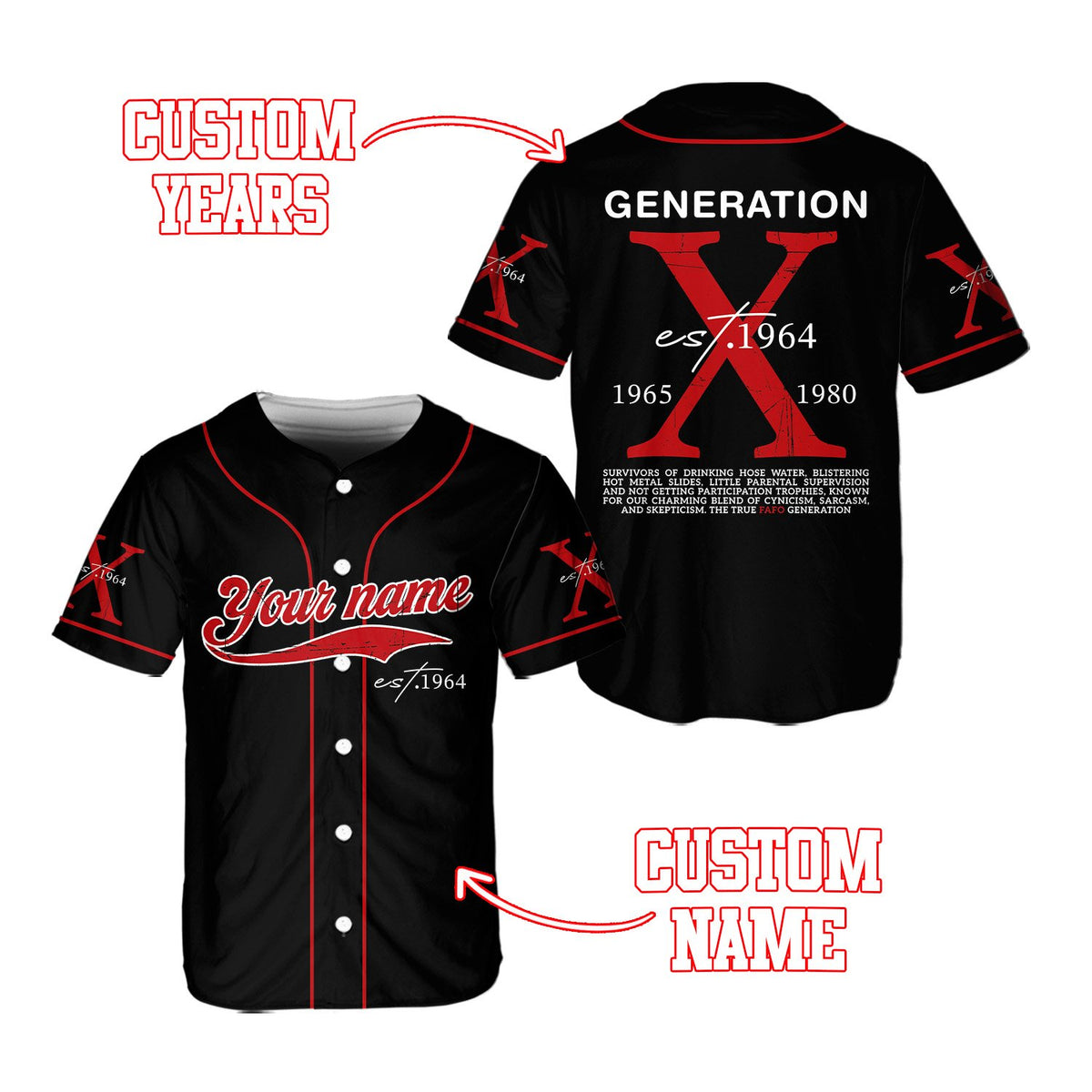 Back graphic of black generation x baseball jersey showing 1965-1980