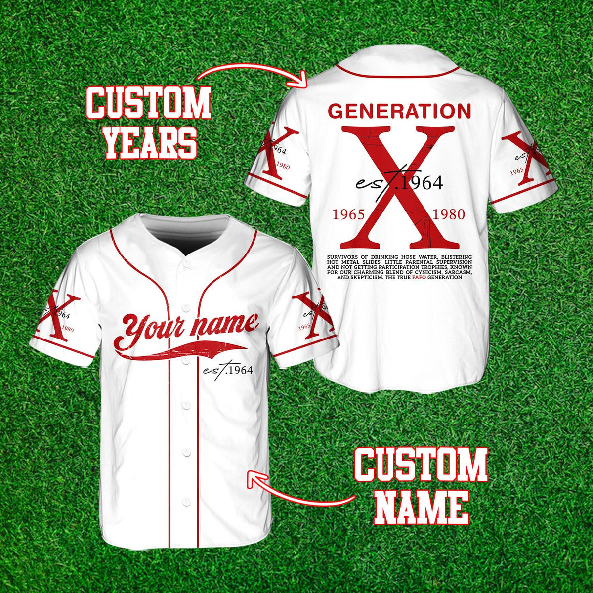 Front view of personalized generation x baseball jersey in white