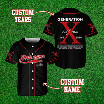 Front view of black generation x baseball jersey with personalization
