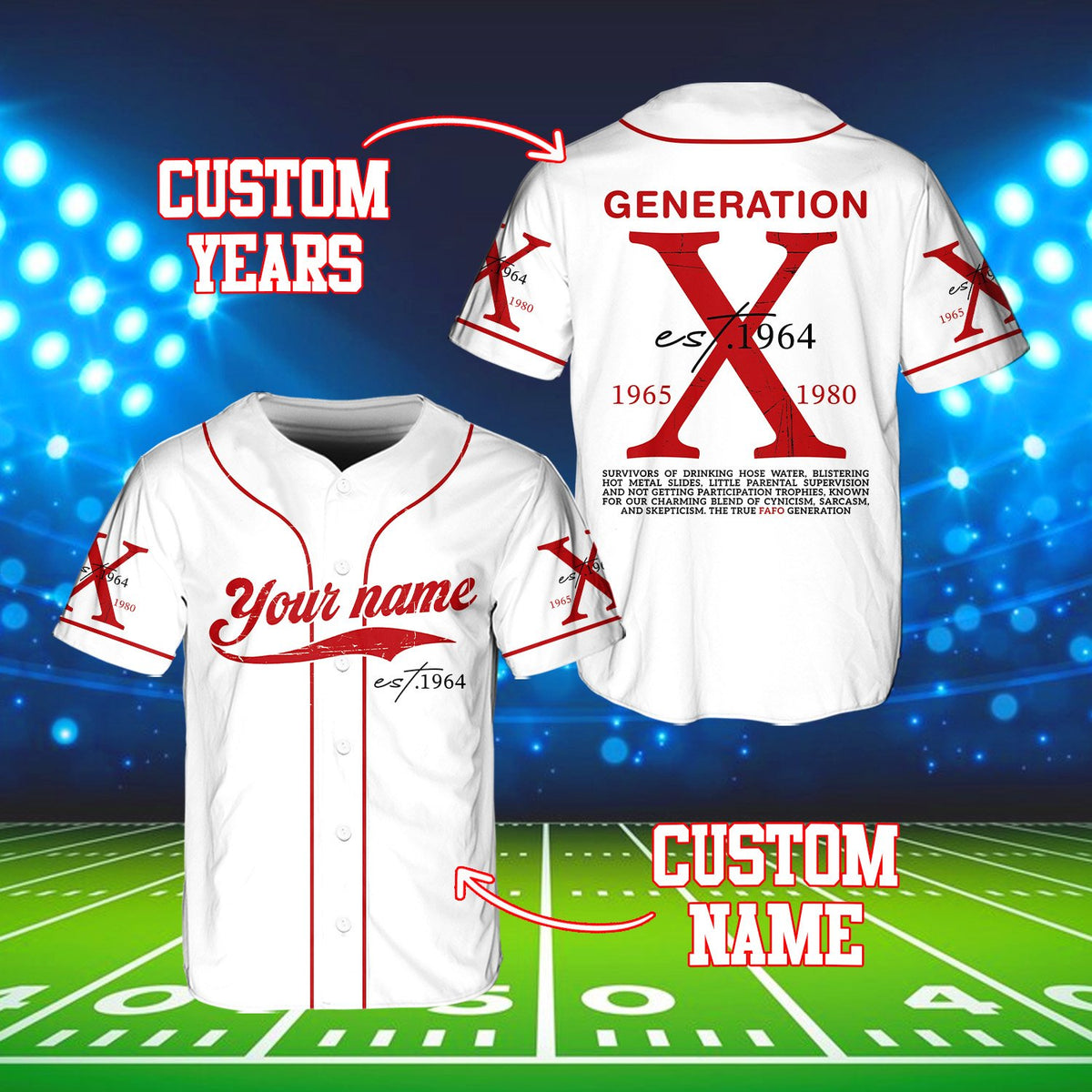 Another front view of white baseball jersey with name