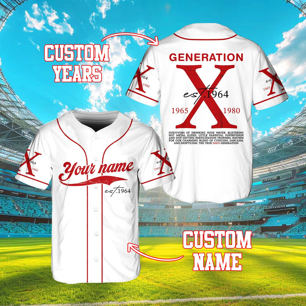 Angled detail of white custom generation x baseball jersey