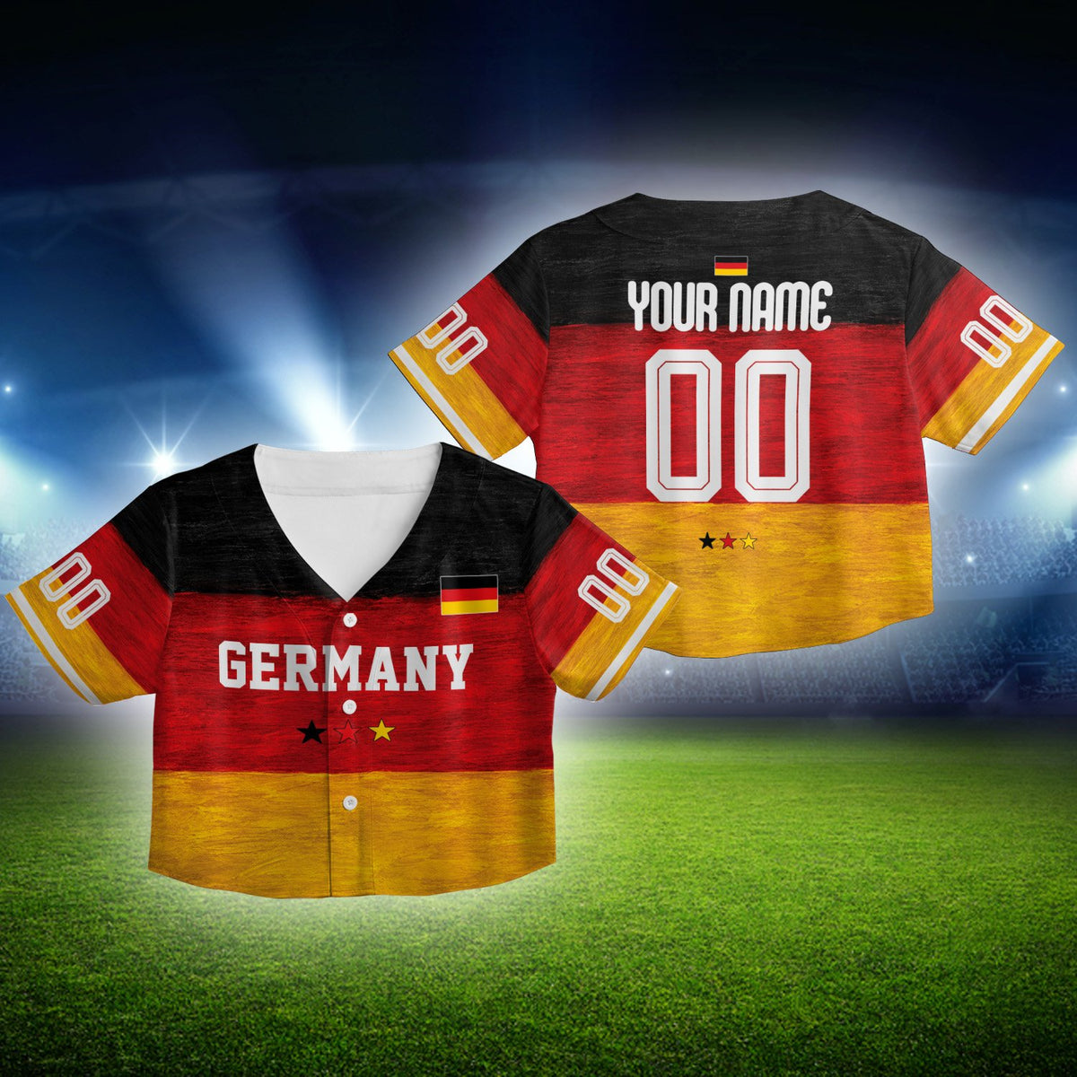 Black, red, and yellow custom baseball jersey front view