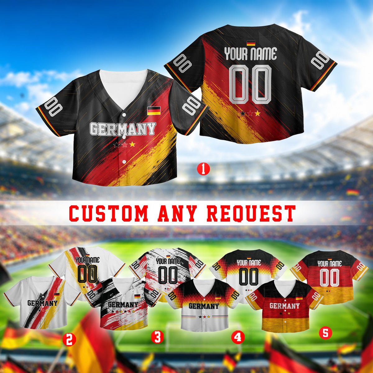 Front view of personalized Germany baseball jersey in black, red, and yellow
