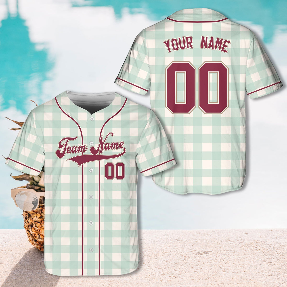 Personalized gingham baseball jersey in multicolor pastel, angled front view