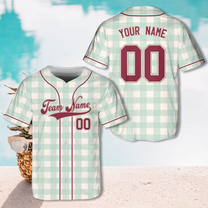 Personalized gingham baseball jersey in multicolor pastel, close up of fabric detail