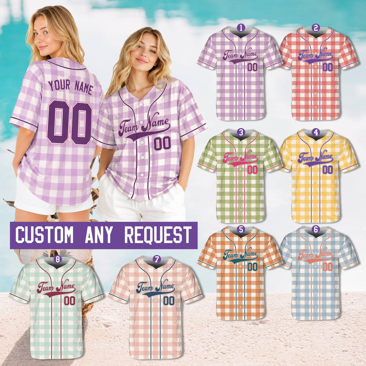 Person wearing the personalized gingham baseball jersey in a casual lifestyle setting