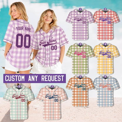 Person wearing the personalized gingham baseball jersey in a casual lifestyle setting