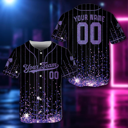 Front view of personalized baseball jersey in blue glitter accents