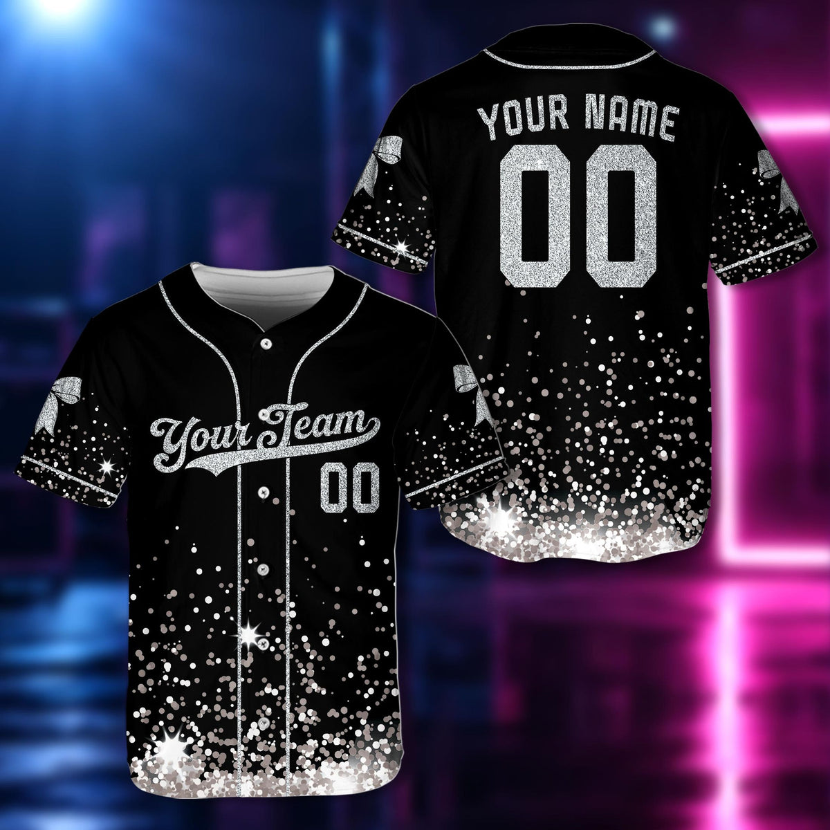 Front view of personalized baseball jersey with faux glitter gradient in blue